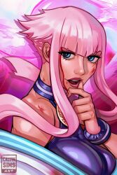 Rule 34 | 1girl, blood, blood on face, blue eyes, breasts, calvin sims, highres, large breasts, lips, long hair, manon legrand, pink hair, street fighter, street fighter 6