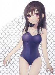 Rule 34 | 1girl, bare arms, bare shoulders, black hair, blue one-piece swimsuit, blush, breasts, chain-link fence, collarbone, commentary request, covered navel, fence, fujiwara hajime, hair between eyes, idolmaster, idolmaster cinderella girls, long hair, looking away, medium breasts, minamiya mia, one-piece swimsuit, parted lips, red eyes, school swimsuit, solo, standing, swimsuit, twitter username, very long hair, wet, white background
