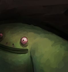 Rule 34 | absurdres, black background, bloodshot eyes, close-up, colored skin, commentary, enduranceex, english commentary, green skin, green theme, highres, looking at viewer, mr. frog (smiling friends), pov, simple background, smile, smiling friends, solo, tagme