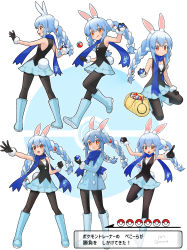 Rule 34 | 1girl, :q, animal ear fluff, animal ears, bag, black gloves, black pantyhose, black shirt, blue dress, blue footwear, blue hair, blue scarf, blue skirt, boots, bow, braid, commentary request, cosplay, creatures (company), dawn (pokemon), dawn (pokemon) (cosplay), dress, full body, game freak, gloves, gotou (nekocat), hair bow, highres, holding, holding poke ball, hololive, knee boots, long sleeves, multiple views, nintendo, on one knee, pantyhose, poke ball, poke ball hair ornament, pokemon, pokemon dppt, rabbit ears, rabbit girl, rabbit tail, scarf, shirt, short eyebrows, skirt, sleeveless, sleeveless shirt, standing, standing on one leg, tail, thick eyebrows, tongue, tongue out, translation request, twin braids, twintails, usada pekora, virtual youtuber, white bow, white hair