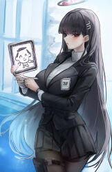 Rule 34 | 1girl, absurdres, doodle sensei (blue archive), black hair, black pantyhose, black skirt, black suit, blue archive, blunt bangs, breasts, commentary, formal, hair ornament, hairclip, halo, highres, holding, holding tablet pc, id card, large breasts, long hair, long sleeves, pantyhose, pleated skirt, red eyes, rio (blue archive), sensei (blue archive), skirt, solo, suit, sweater, tablet pc, turtleneck, turtleneck sweater, uth 95, white sweater