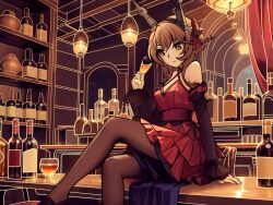 Rule 34 | 1girl, alternate costume, alternate eye color, bar (place), black pantyhose, black sleeves, bottle, breasts, brown hair, chinese commentary, commentary request, cup, detached sleeves, dress, drinking glass, flipped hair, grey eyes, guouuu, headgear, highres, holding, holding cup, indoors, kantai collection, long sleeves, medium breasts, mutsu (kancolle), pantyhose, red dress, revision, short hair, sitting, smile, solo