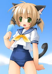 Rule 34 | animal ears, blonde hair, blush, cat ears, cat tail, food, green eyes, no pants, one-piece swimsuit, popsicle, school swimsuit, school uniform, serafuku, shibacha, short twintails, solo, swimsuit, swimsuit under clothes, tail, twintails