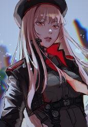 Rule 34 | 1girl, beret, black hat, black jacket, black shirt, blurry, breasts, collared shirt, cropped jacket, depth of field, goddess of victory: nikke, hat, highres, jacket, ksmy2-pink-love, light brown hair, lips, long hair, medium breasts, necktie, orange eyes, parted lips, rapi (nikke), red jacket, red necktie, shirt, solo, two-sided fabric, two-sided jacket