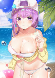 Rule 34 | 1girl, backwards hat, bad id, bad pixiv id, bare shoulders, bb (fate), bb (fate) (all), bb (swimsuit mooncancer) (fate), bb (swimsuit mooncancer) (first ascension) (fate), beach, bikini, blue sky, blurry, blurry background, blush, breasts, cleavage, collarbone, cropped jacket, day, eating, fate/grand order, fate (series), food, hat, hat ornament, highres, jacket, large breasts, long hair, long sleeves, looking at viewer, navel, ocean, off shoulder, parted lips, popsicle, purple eyes, purple hair, remaruka0413, saliva, saliva trail, sky, solo, star (symbol), star hat ornament, swimsuit, very long hair, white bikini, white hat, yellow jacket