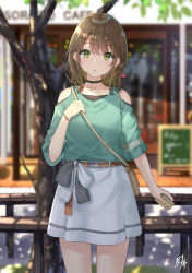 Rule 34 | 1girl, bag, bench, blurry, blurry background, blush, brown hair, closed mouth, clothing cutout, commentary request, day, green eyes, hair between eyes, highres, holding, holding phone, looking at viewer, medium hair, miko fly, original, outdoors, phone, shadow, shoulder bag, shoulder cutout, signature, skirt, solo, standing, tree, white skirt