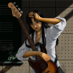 Rule 34 | 1girl, akiyama mio, bass guitar, black hair, ebi (eeotoko), fender (company), fender jazz bass, highres, instrument, k-on!, long hair, realistic, signature, solo