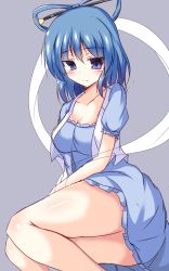 Rule 34 | 1girl, blue dress, blue eyes, blue hair, blush, breasts, cleavage, collarbone, dress, hair ornament, hair rings, hair stick, highres, kaku seiga, light smile, looking at viewer, matching hair/eyes, naba (take tonbo), open clothes, open vest, purple background, shawl, simple background, sitting, smile, solo, touhou, vest