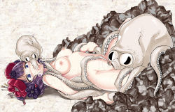 Rule 34 | 1girl, bestiality, black hair, blue eyes, breasts, commentary request, fate/grand order, fate (series), female pubic hair, fine art parody, flower, hair flower, hair ornament, hairpin, hirama hirokazu, katsushika hokusai (fate), lying, medium breasts, nipples, nude, octopus, on back, oral, parody, pubic hair, short hair, solo, tentacles, the dream of the fisherman&#039;s wife