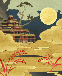Rule 34 | architecture, castle, cloud, east asian architecture, full moon, highres, moon, no humans, official art, rice (plant), sky, tensui no sakuna-hime, tree