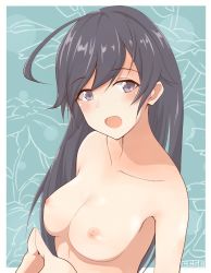Rule 34 | 10s, 1girl, ahoge, artist name, black eyes, black hair, blue background, breasts, cbgb, cleavage, commentary, floral background, girls und panzer, highres, isuzu hana, light smile, long hair, looking at viewer, medium breasts, nipples, nude, open mouth, signature, solo, standing, upper body