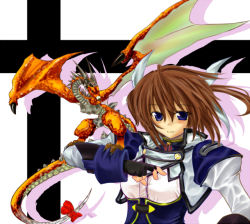 Rule 34 | 00s, 1girl, alternate costume, armor, breastplate, brown hair, dragon, fingerless gloves, gloves, jacket, long sleeves, looking at viewer, lyrical nanoha, magical girl, mahou shoujo lyrical nanoha, military, military uniform, monster, on shoulder, open clothes, open jacket, red hair, scales, short hair, solo, takamachi nanoha, twintails, uniform, upper body, wings
