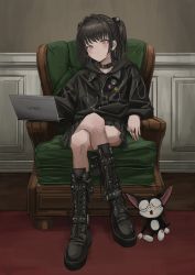 Rule 34 | 1girl, absurdres, armchair, black footwear, black hair, black hoodie, blush, chair, closed mouth, clothes pin, collar, computer, copyright request, cross-laced footwear, crossed legs, gishiki (gshk), hair intakes, highres, hood, hood down, hoodie, jewelry, laptop, long sleeves, looking at viewer, miniskirt, multiple rings, on chair, original, pin, pleated skirt, ring, sitting, skirt, smiley face, solo, spiked collar, spikes, twintails, vaio, yellow eyes