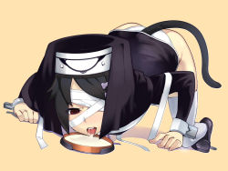Rule 34 | 1girl, akinaie, ar tonelico, ar tonelico iii, ass, bandage over one eye, bandages, black hair, bottomless, brown eyes, cat tail, empty eyes, female focus, filament (ar tonelico), full body, gust, hair ornament, hairclip, highres, milk, no pants, nun, panties, red eyes, short hair, solo, tail, thighhighs, tongue, top-down bottom-up, underwear, veil, white panties, white thighhighs