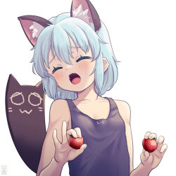 Rule 34 | 1girl, animal ear fluff, animal ears, blue hair, blue tank top, blush, breasts, cat ears, chibi yami, closed eyes, food, fruit, futaba channel, head tilt, highres, himewe, holding, holding food, holding fruit, medium hair, nijiura maids, open mouth, parody, simple background, small breasts, solo, strawberry, tank top, upper body, white background