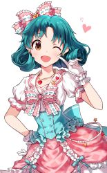 Rule 34 | 1girl, ;d, aqua hair, bow, commentary request, corset, crown hair ornament, earrings, gloves, hair bow, hand on own hip, heart, heart earrings, heart pendant, highres, idol, idolmaster, idolmaster million live!, jewelry, korean commentary, one eye closed, open mouth, pinkiepies2, pointing, pointing at self, puffy sleeves, sailor collar, short sleeves, simple background, smile, solo, tokugawa matsuri, upper body, white background, white gloves, yellow eyes