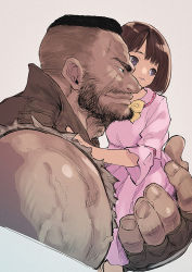 Rule 34 | 1boy, 1girl, barret wallace, beard, black eyes, black gloves, black hair, bow, bowtie, carrying, child, dark-skinned male, dark skin, dress, facial hair, father and daughter, final fantasy, final fantasy vii, final fantasy vii remake, fingerless gloves, gloves, grey background, hyocorou, manly, marlene wallace, pink dress, short hair, short sleeves, simple background, sleeveless, upper body, vest, yellow neckwear