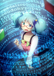 Rule 34 | 1girl, antenna hair, aqua hair, bags under eyes, black skirt, blue nails, book, bow, bowtie, collarbone, d:, dated, dress, english text, eye reflection, flat chest, floating, floating book, floating object, frilled dress, frills, glasses, hair ornament, highres, holding, holding book, long sleeves, mary (14476764), nail polish, open mouth, orange-framed eyewear, original, pinafore dress, polka dot, polka dot bow, polka dot neckwear, reflection, scared, shirt, short eyebrows, short twintails, signature, skirt, sleeveless, sleeveless dress, solo, star (symbol), star hair ornament, surrounded, suspenders, twintails, upper body, wall of text, white shirt