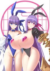 Rule 34 | 2girls, animal ears, areola slip, arko (acucs), arm strap, bare shoulders, black leotard, blue leotard, blue ribbon, blush, breasts, claws, cleavage, cleft of venus, collarbone, fake animal ears, fate/extra, fate/extra ccc, fate/grand order, fate (series), gluteal fold, groin, hair ribbon, heart pasties, highleg, highleg leotard, huge breasts, leotard, long hair, meltryllis (fate), multiple girls, no bra, no panties, open mouth, partially visible vulva, passionlip (fate), pasties, pink ribbon, playboy bunny, purple eyes, purple hair, pussy, pussy peek, rabbit ears, ribbon, small breasts, thighs, very long hair, wide hips