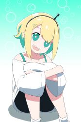Rule 34 | :d, absurdres, amano pikamee, black hairband, black shorts, blonde hair, bright pupils, collarbone, colored inner hair, commentary, english commentary, feet out of frame, gradient background, green background, green eyes, green hair, hairband, head tilt, highres, hugging own legs, knees to chest, long sleeves, looking at viewer, monsiursandox, multicolored hair, off-shoulder shirt, off shoulder, open mouth, sharp teeth, shirt, short hair, shorts, sitting, smile, socks, teeth, upper teeth only, virtual youtuber, voms, white background, white pupils, white shirt, white socks, wide sleeves