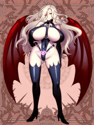 Rule 34 | 1girl, belt, between breasts, blonde hair, bondage outfit, boots, breasts, breasts apart, collar, covered navel, dairoku ryouhei, demon girl, demon wings, full body, high heel boots, high heels, huge breasts, leotard, long hair, pale skin, pubic tattoo, snail8, solo, standing, tattoo, thigh boots, thighhighs, thong leotard, usalia sin, very long hair, wings