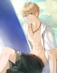 Rule 34 | 1boy, absurdres, ahoge, arthur pendragon (fate), arthur pendragon (hero on the beach) (fate), bare pectorals, beach, blonde hair, blue eyes, commentary, cross, fate/grand order, fate/prototype, fate/prototype: fragments of blue and silver, fate (series), feet out of frame, floral print, floral swimsuit, green eyes, green male swimwear, green swim trunks, hibiscus print, highres, hood, hoodie, kanniiepan, looking at viewer, male focus, male swimwear, nipples, official alternate costume, pectorals, print male swimwear, print shorts, print swim trunks, print swimsuit, short sleeves, shorts, sky, smile, solo, swim trunks, swimsuit, teeth, toned, toned male