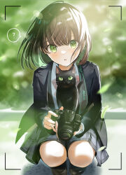Rule 34 | 1girl, :3, :o, ?, animal, black hair, black jacket, blunt bangs, blurry, blurry background, blush, bob cut, camera, cat, feathers, green eyes, head tilt, highres, holding, holding camera, jacket, knees, loafers, long sleeves, looking at viewer, on lap, open mouth, original, plaid, plaid skirt, pleated skirt, school uniform, shirt, shoes, short hair, single-lens reflex camera, skirt, solo, squatting, viewfinder, whiskers, yellow eyes, yukimaru nun