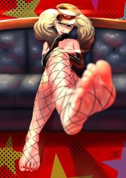 Rule 34 | 1girl, bare shoulders, black gloves, blonde hair, blue eyes, blurry, blurry foreground, breasts, couch, crossed legs, earrings, elbow gloves, feet, fishnet pantyhose, fishnets, foot focus, foreshortening, gloves, hat, highres, jewelry, k.ty (amejin), leotard, long hair, looking at viewer, medium breasts, nail polish, no shoes, pantyhose, peaked cap, persona, persona 5, persona 5: dancing star night, persona dancing, red leotard, red lips, red nails, sidelocks, signature, sitting, smile, soles, solo, takamaki anne, toenail polish, toenails, toes, twintails