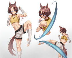 Rule 34 | 1girl, animal ears, armpits, ass, bandaged arm, bandaged leg, bandages, bare shoulders, blue eyes, breasts, brown hair, clenched hands, commentary request, crop top, cropped torso, fighting stance, foot out of frame, gradient background, grey background, highres, horse ears, kicking, looking at viewer, midriff, multiple views, narita taishin (umamusume), navel, partial commentary, short hair, short shorts, shorts, small breasts, sports bra, standing, standing on one leg, stmoon, stomach, tail, umamusume, upper body, white background, white shorts
