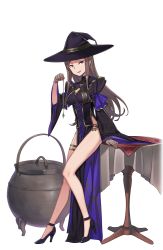 Rule 34 | 1girl, black footwear, black hat, breasts, brown hair, cauldron, dorothy (princess principal), fishnet gloves, fishnets, full body, gloves, hat, high heels, highres, long hair, looking at viewer, medium breasts, official art, princess principal, princess principal game of mission, purple eyes, shoes, sitting, solo, table, transparent background, wide sleeves, witch hat