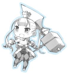 Rule 34 | 1girl, blush stickers, chibi, crown, full body, fur trim, gloves, greyscale, hammer, highres, jewelry, long hair, monochrome, mota, open mouth, original, simple background, smile, solo, weapon, white background