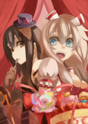 Rule 34 | 2girls, absurdres, back-to-back, black hair, blue eyes, breasts, brown hair, cake, candy, chocolate, chocolate bar, chocolate cake, cleavage, curtains, doughnut, flower, food, fruit, gloves, hat, highres, jonasan, long hair, medium breasts, mini hat, mouth hold, multicolored flower, multicolored rose, multiple girls, open mouth, original, pepe (jonasan), rose, smile, spoon, strawberry, strawberry shortcake, utensil in mouth