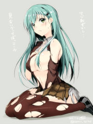 Rule 34 | 10s, 1girl, 2015, aqua hair, bare shoulders, blush, breasts, brown skirt, brown thighhighs, dated, gin&#039;ichi (akacia), green eyes, hair censor, hair ornament, hairclip, highres, kantai collection, large breasts, loafers, long hair, looking at viewer, navel, no bra, pleated skirt, school uniform, shoes, signature, sitting, skirt, solo, suzuya (kancolle), sweat, thighhighs, torn clothes, torn skirt, torn thighhighs, translated, twitter username, wariza