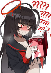 Rule 34 | 1girl, ?, ??, @ @, absurdres, artist name, black hair, black shirt, blue archive, blush, book, breasts, goyain, halo, highres, holding, holding book, liquid halo, long hair, long sleeves, melting halo, nose blush, pornography, red eyes, sailor collar, shirt, simple background, smile, solo, sweat, nervous sweating, torn clothes, torn shirt, tsurugi (blue archive), underboob, upper body, wavy mouth, white background