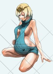 Rule 34 | 1girl, bare back, bare shoulders, belly, big belly, blonde hair, blue eyes, blush, breasts, fire emblem, fire emblem heroes, fjorm (fire emblem), hands on own stomach, jeffryhangover, keyhole, large breasts, looking down, meme attire, nintendo, no pants, open-chest sweater, pregnant, sideboob, simple background, smile, solo, sweater, tiara, twitter username, virgin killer sweater, watermark