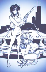 Rule 34 | 1990s (style), 2girls, bad id, bad tumblr id, cropped jacket, explosive, ford, ford mustang, ford mustang (1st generation), grenade, gun, gunsmith cats, handgun, highres, jacket, minnie may hopkins, monochrome, multiple girls, pencil skirt, pistol, rally vincent, retro artstyle, robaato, short shorts, shorts, sketch, skirt, suppressor, weapon