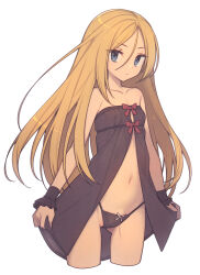Rule 34 | 1girl, bare shoulders, black panties, blonde hair, blue eyes, breasts, closed mouth, collarbone, commentary, cropped legs, dot nose, everyntrge, gluteal fold, groin, hair between eyes, highres, long hair, looking at viewer, navel, no pants, open clothes, original, panties, simple background, small breasts, solo, stomach, tagme, underwear, white background