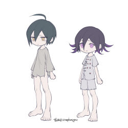 Rule 34 | 2boys, ahoge, alternate costume, barefoot, black hair, brown eyes, buttons, closed mouth, commentary request, danganronpa (series), danganronpa v3: killing harmony, double-breasted, ewa (seraphhuiyu), flipped hair, full body, grey shorts, hair between eyes, highres, little nightmares, male focus, multicolored hair, multiple boys, oma kokichi, pink eyes, pink hair, saihara shuichi, shirt, short hair, short shorts, short sleeves, shorts, simple background, smile, standing, torn clothes, torn shirt, white background