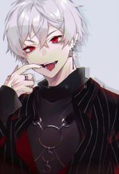 Rule 34 | 1boy, black jacket, black shirt, character name, commentary request, cross, ear piercing, earrings, eyebrows hidden by hair, fangs, finger in own mouth, fingernails, fujikiri yana, glint, grey background, grey hair, hair between eyes, hand up, jacket, jewelry, kuzuha (nijisanji), latin cross, long fingernails, long sleeves, looking at viewer, male focus, mole, mole under eye, nail polish, nijisanji, piercing, pointy ears, red eyes, ring, sharp fingernails, shirt, simple background, sleeves past wrists, solo, striped clothes, striped jacket, tongue, tongue out, upper body, v-shaped eyebrows, vertical-striped clothes, vertical-striped jacket, virtual youtuber, white nails