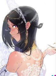 Rule 34 | 1girl, bare shoulders, black hair, blush, circlet, dark-skinned female, dark skin, ear piercing, earrings, headwear request, jewelry, long hair, looking at viewer, mole, mole under mouth, neck ring, nose piercing, original, parted lips, piercing, purple eyes, see-through, solo, tonito