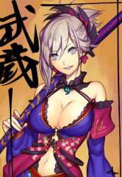 Rule 34 | 1girl, asymmetrical hair, bare shoulders, breasts, calligraphy, cleavage, detached collar, detached sleeves, domco, earrings, fate/grand order, fate (series), floral print, grey eyes, grey hair, hair between eyes, hair ornament, japanese clothes, jewelry, katana, kimono, large breasts, long hair, long sleeves, magatama, midriff, miyamoto musashi (fate), miyamoto musashi (third ascension) (fate), navel, open mouth, over shoulder, parted lips, ponytail, sheath, sheathed, signature, simple background, solo, sword, sword over shoulder, translation request, upper body, weapon, weapon over shoulder