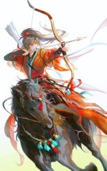 Rule 34 | 1boy, archery, arrow (projectile), artist name, bell, belt, black hair, blurry, bow (weapon), bridle, brown eyes, chinese clothes, chinese commentary, closed mouth, depth of field, hair ribbon, hanfu, headband, high ponytail, highres, holding, holding bow (weapon), holding weapon, horse, horseback archery, horseback riding, keru233, long hair, long sleeves, looking to the side, modao zushi, patterned clothing, quiver, red hanfu, red headband, red ribbon, red sash, ribbon, riding, sash, smile, solo, stirrups (riding), tassel, weapon, wei wuxian, white background