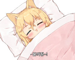 Rule 34 | 1girl, :&gt;, animal ear fluff, animal ears, bad id, bad pixiv id, blonde hair, blush, cat ears, chibi, closed eyes, facing viewer, foreign blue, g41 (girls&#039; frontline), girls&#039; frontline, hair between eyes, korean text, long hair, looking at viewer, lying, on back, parted lips, pillow, solo, translation request, triangle mouth, under covers, white background