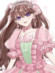Rule 34 | 1girl, :d, blurry, bow, brown hair, choker, collarbone, commentary, depth of field, dress, earrings, flower, flower choker, frilled dress, frills, fujishima megumi, hair bow, highres, jewelry, light blush, link! like! love live!, long hair, looking at viewer, love live!, mt lel, official alternate costume, open mouth, pink bow, pink choker, pink dress, pink flower, princess, puffy short sleeves, puffy sleeves, purple eyes, short sleeves, smile, solo, sparkle, tiara, two side up, virtual youtuber, white tiara, yakusoku no budoukai (love live!)
