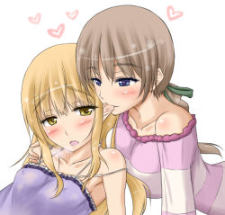 Rule 34 | 2girls, biting, blonde hair, blue eyes, blush, breasts, brown hair, ear biting, eargasm, covered erect nipples, hair ribbon, heart, large breasts, long hair, lynette bishop, multiple girls, p-tana, perrine h. clostermann, ribbon, strap slip, strike witches, uncommon stimulation, world witches series, yellow eyes, yuri