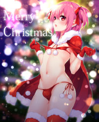 Rule 34 | 1boy, bikini, bikini pull, bulge, cape, christmas, clothes pull, gloves, groin, highres, lew, lowleg, lowleg bikini, male focus, merry christmas, navel, nipples, one-piece swimsuit pull, open mouth, original, pink hair, pulling own clothes, red bikini, red cape, red gloves, red thighhighs, ribbon, santa bikini, short hair, side-tie bikini bottom, solo, swimsuit, thighhighs, trap, two side up