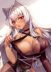 Rule 34 | 1girl, :o, absurdres, animal ears, breasts, cat ears, cleavage, commentary request, destiny child, highres, lalazyt, large breasts, leotard, leotard pull, mona (destiny child), red eyes, signature, two-tone background, white hair