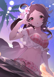 Rule 34 | 1girl, :o, absurdres, ahoge, animal ears, arknights, bikini, breasts, brown hair, chestnut mouth, cleavage, eyjafjalla (arknights), eyjafjalla (summer flower) (arknights), flower, hair flower, hair ornament, hand up, highres, horns, long hair, looking at viewer, medium breasts, miyu10366, off-shoulder bikini, off shoulder, official alternate costume, open mouth, outdoors, palm tree, pink bikini, pink eyes, pink flower, sarong, sheep ears, sheep girl, sheep horns, solo, string lights, sunset, swimsuit, tree, wading, water, white sarong