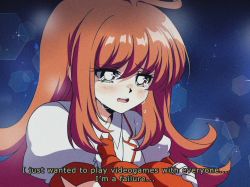 Rule 34 | 1990s (style), 1girl, ahoge, blush, brown hair, cowlick, crying, crying with eyes open, english text, fake screenshot, google stadia, google stadia (personification), lens flare, long hair, looking down, merryweather, necktie, orange hair, original, personification, retro artstyle, shirt, sitting, solo, subtitled, tears, white shirt