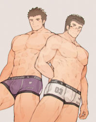 Rule 34 | 2boys, abs, ass grab, bad id, bad pixiv id, bara, black hair, blush, boxer briefs, brown hair, bulge, character name, chataro1412, clothes writing, couple, cowboy shot, feet out of frame, glasses, large pectorals, looking at another, male focus, male underwear, male underwear writing, protagonist 3 (housamo), multiple boys, muscular, muscular male, navel, nipples, pectorals, print boxer briefs, print clothes, print male underwear, print underwear, purple boxer briefs, purple male underwear, rimless eyewear, motoori shiro, short hair, smile, sweatdrop, thick eyebrows, thick thighs, thighs, tokyo houkago summoners, underwear, underwear only, underwear writing, white boxer briefs, white male underwear, yaoi